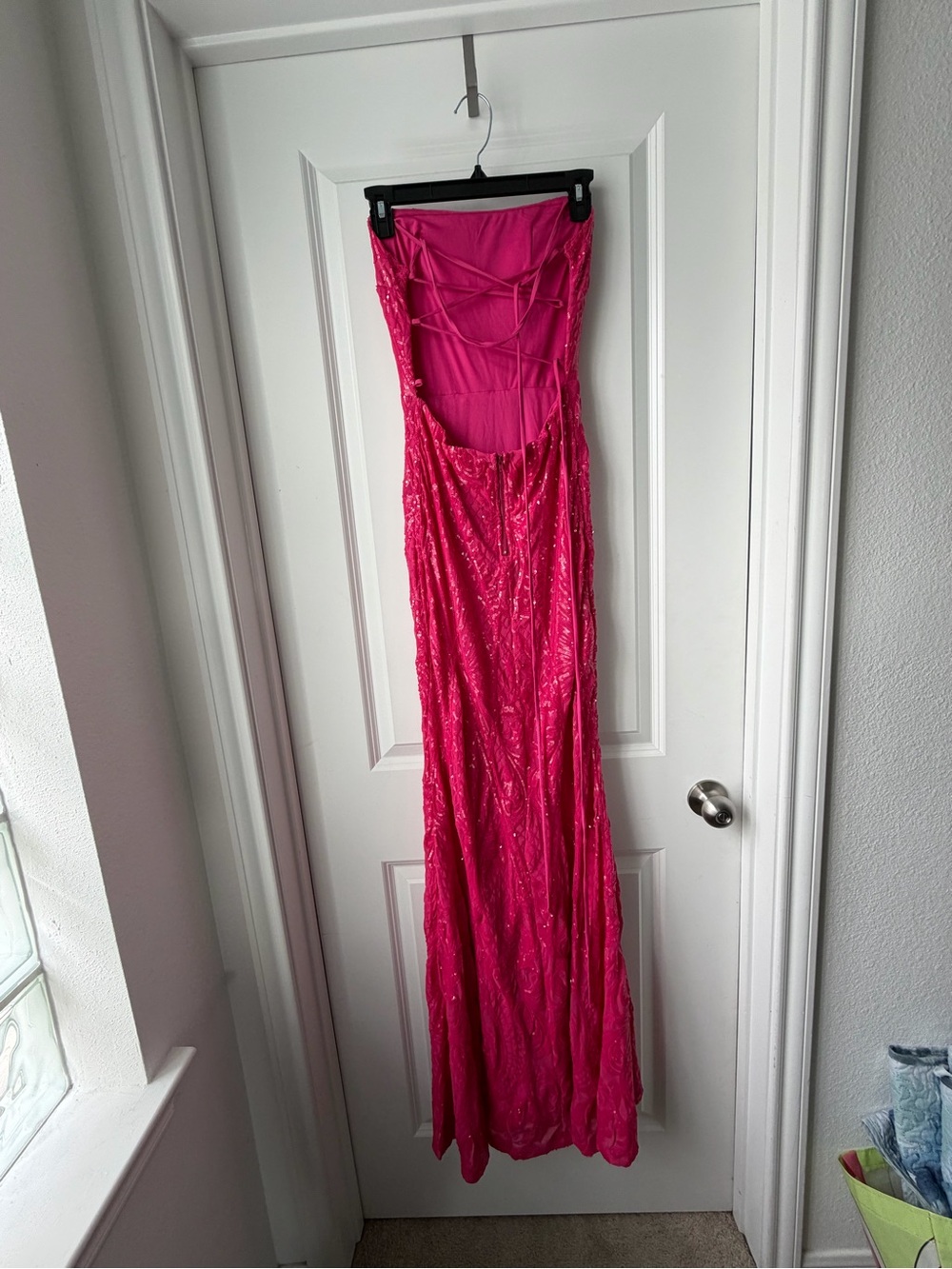 Windsor Fuchsia Sequin Lace Gown with Thigh Slit - Picture 3 of 5